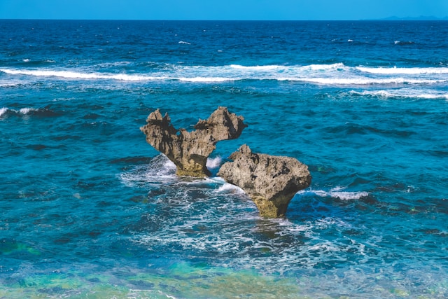 青い海に立つ岩
